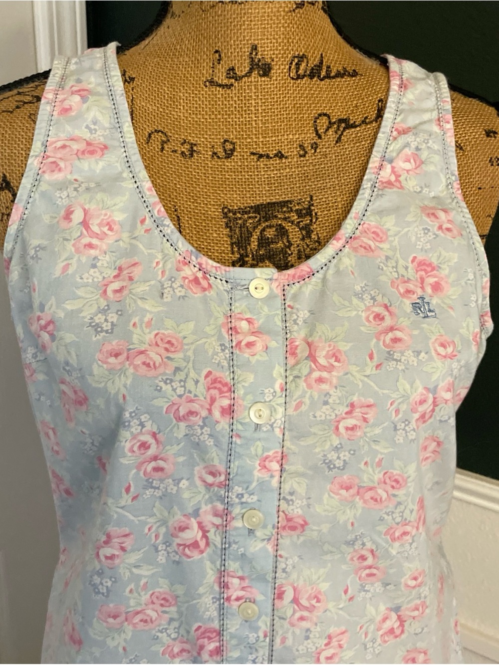 Lauren Ralph Lauren Pink Rose Print Nightgown Light Blue Vintage